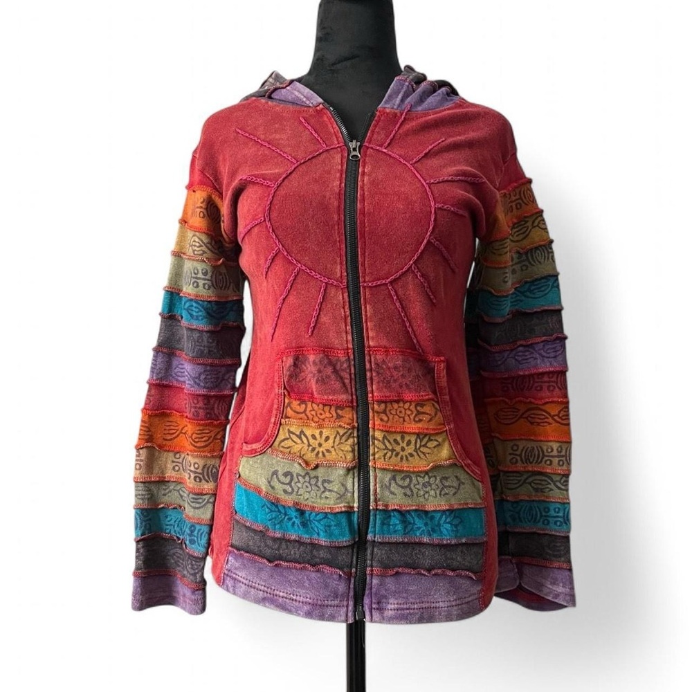 Bohemian Red & Multicolor Sun Embroidered Patchwork Hooded Zip Up